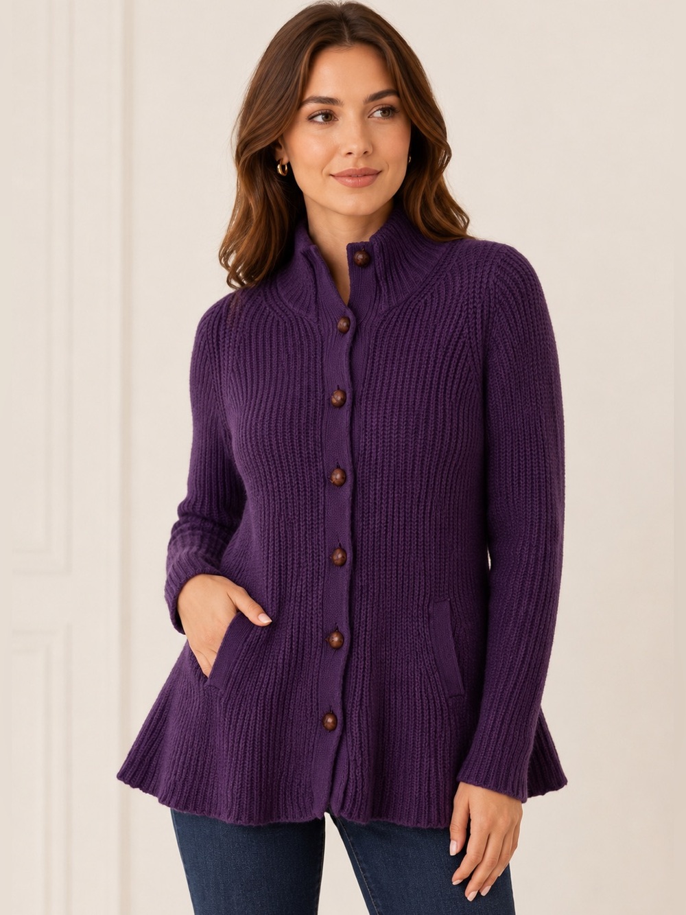 Theory Emiko Land Purple Ribbed Peplum Cardigan Sweater Angora Cashmere S